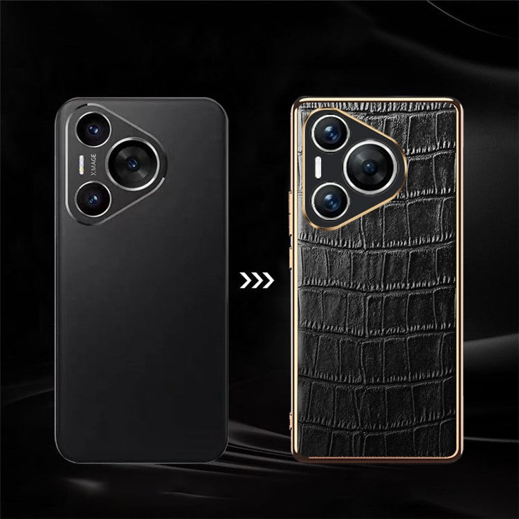 For Huawei Pura 70 Case Crocodile Texture Genuine Cow Leather+TPU Phone Cover - Red