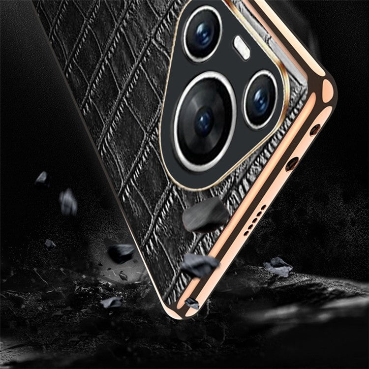 For Huawei Pura 70 Case Crocodile Texture Genuine Cow Leather+TPU Phone Cover - Red