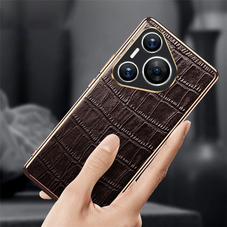 For Huawei Pura 70 Case Crocodile Texture Genuine Cow Leather+TPU Phone Cover - Red
