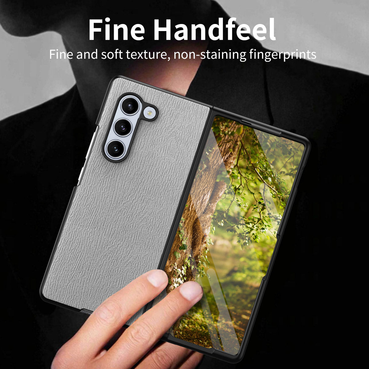 For Samsung Galaxy Z Fold6 5G Case Leather+PC+TPU Hybrid Phone Cover Wood Texture - Black