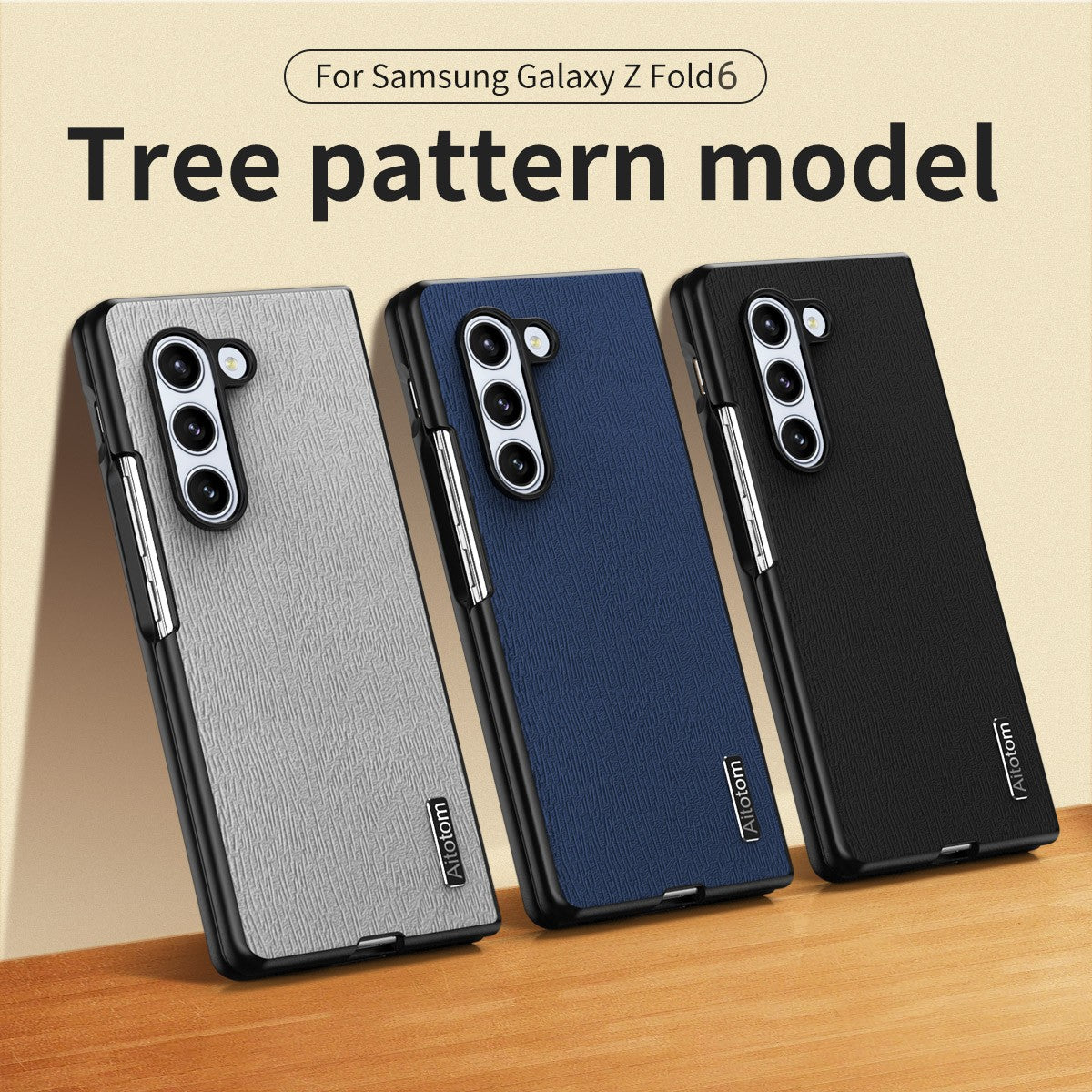 For Samsung Galaxy Z Fold6 5G Case Leather+PC+TPU Hybrid Phone Cover Wood Texture - Black