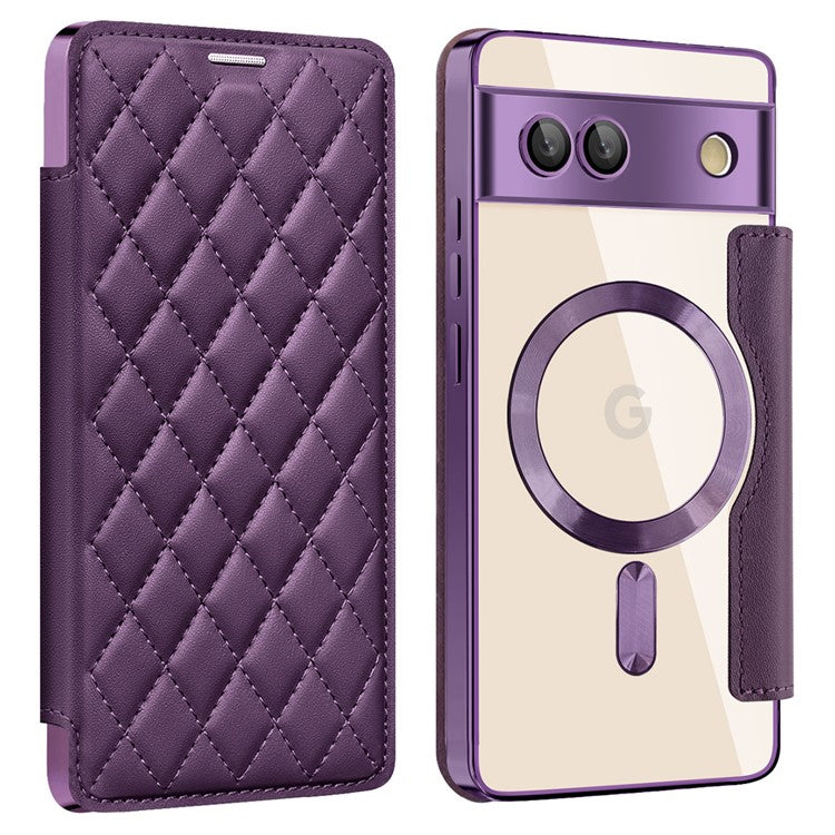 For Google Pixel 7a Magnetic Case RFID Blocking Card Holder Leather Phone Cover - Purple
