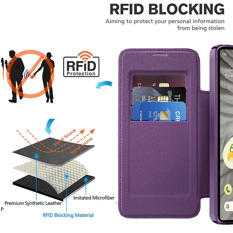For Google Pixel 7a Magnetic Case RFID Blocking Card Holder Leather Phone Cover - Purple