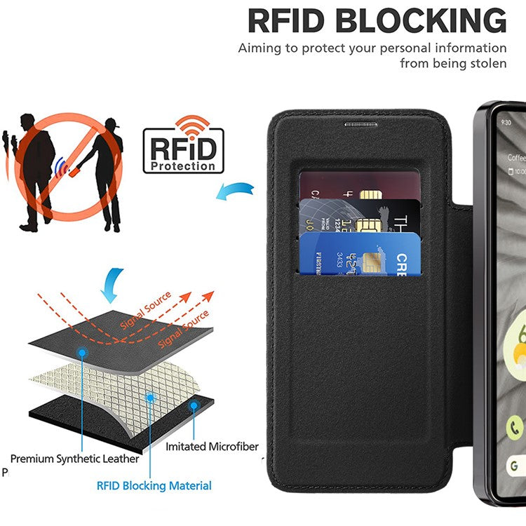 For Google Pixel 7a Magnetic Case Compatible with MagSafe Card Holder Leather Phone Cover - Black