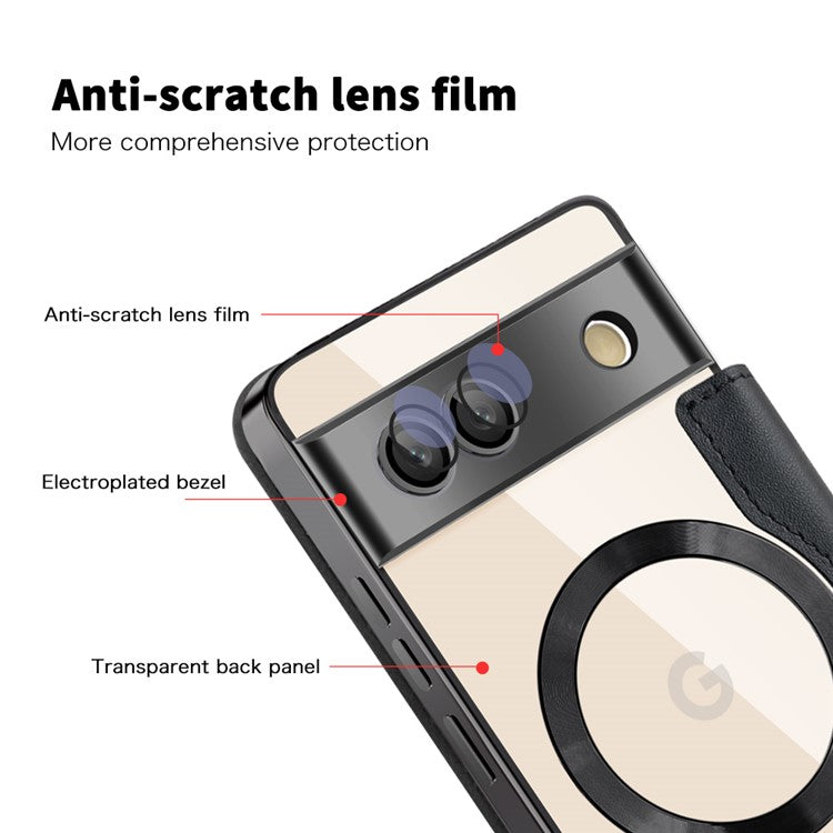 For Google Pixel 7a Magnetic Case Compatible with MagSafe Card Holder Leather Phone Cover - Black