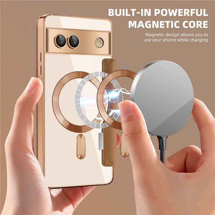 For Google Pixel 7a Magnetic Case Compatible with MagSafe Card Holder Leather Phone Cover - Brown