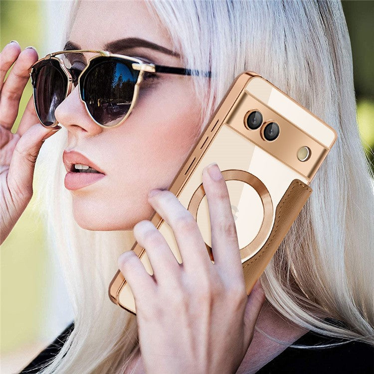 For Google Pixel 7a Magnetic Case Compatible with MagSafe Card Holder Leather Phone Cover - Brown