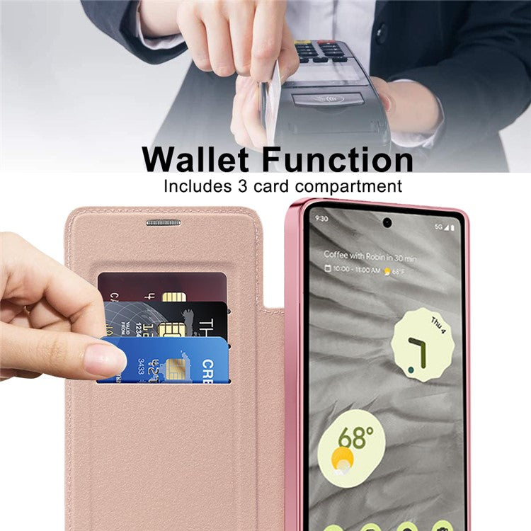 For Google Pixel 7a Magnetic Case Compatible with MagSafe Card Holder Leather Phone Cover - Pink