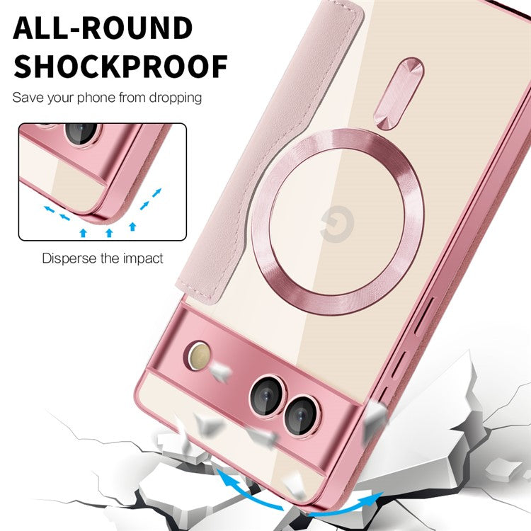 For Google Pixel 7a Magnetic Case Compatible with MagSafe Card Holder Leather Phone Cover - Pink