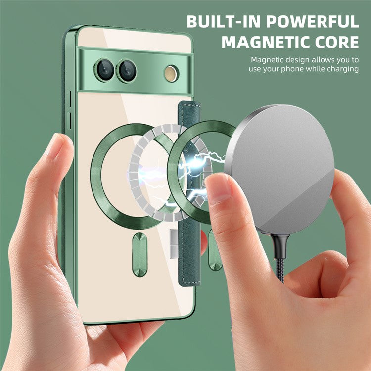 For Google Pixel 7a Magnetic Case Compatible with MagSafe Card Holder Leather Phone Cover - Blackish Green