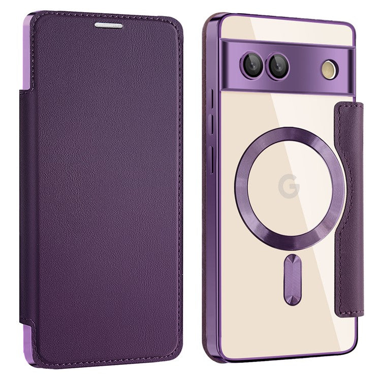 For Google Pixel 7a Magnetic Case Compatible with MagSafe Card Holder Leather Phone Cover - Purple