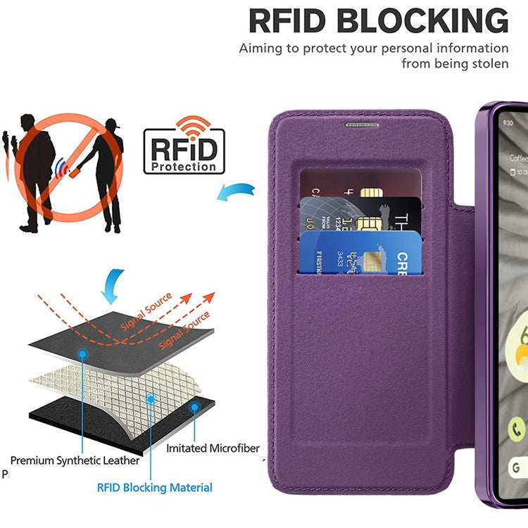 For Google Pixel 7a Magnetic Case Compatible with MagSafe Card Holder Leather Phone Cover - Purple