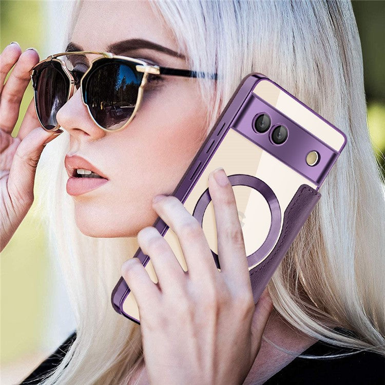 For Google Pixel 7a Magnetic Case Compatible with MagSafe Card Holder Leather Phone Cover - Purple