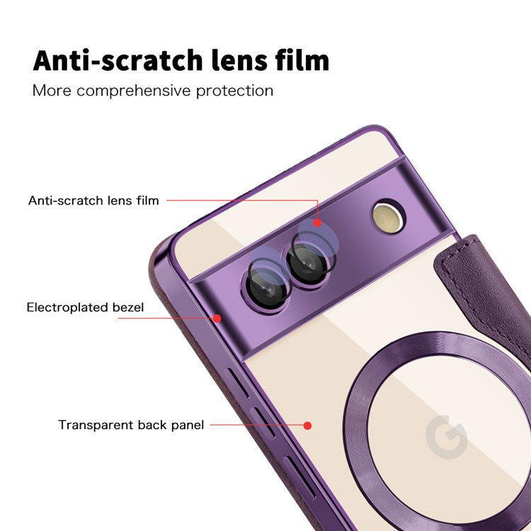 For Google Pixel 7a Magnetic Case Compatible with MagSafe Card Holder Leather Phone Cover - Purple