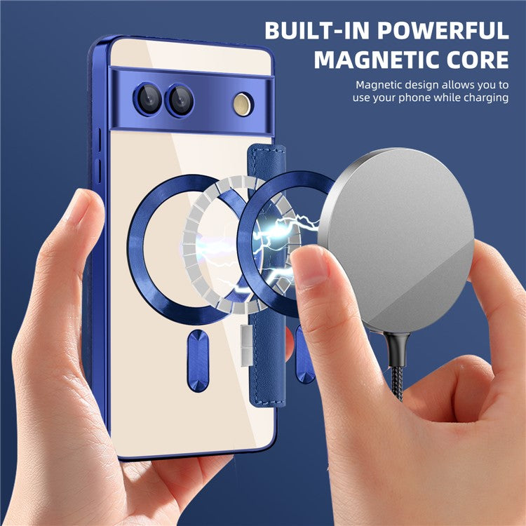 For Google Pixel 7a Magnetic Case Compatible with MagSafe Card Holder Leather Phone Cover - Sapphire