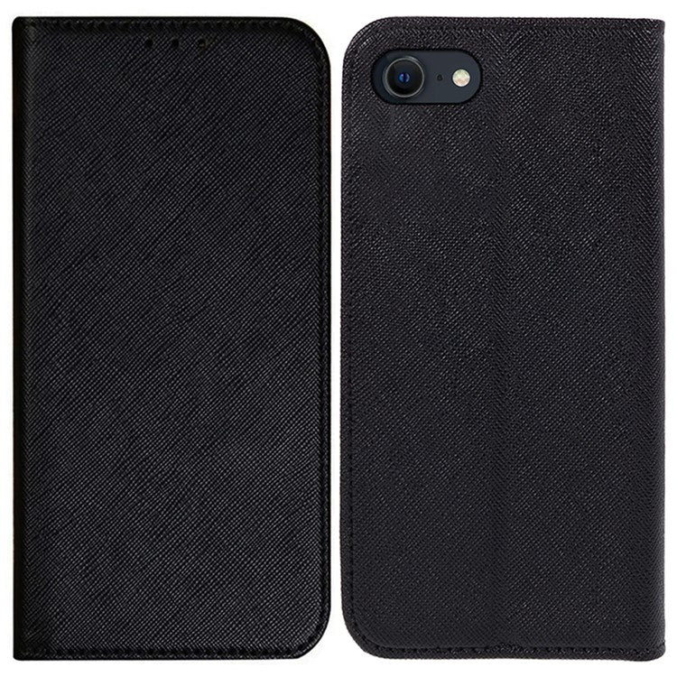 For iPhone SE (2025) Case Wallet PU Leather Phone Cover Cross Texture Magnetic Absorption - Black