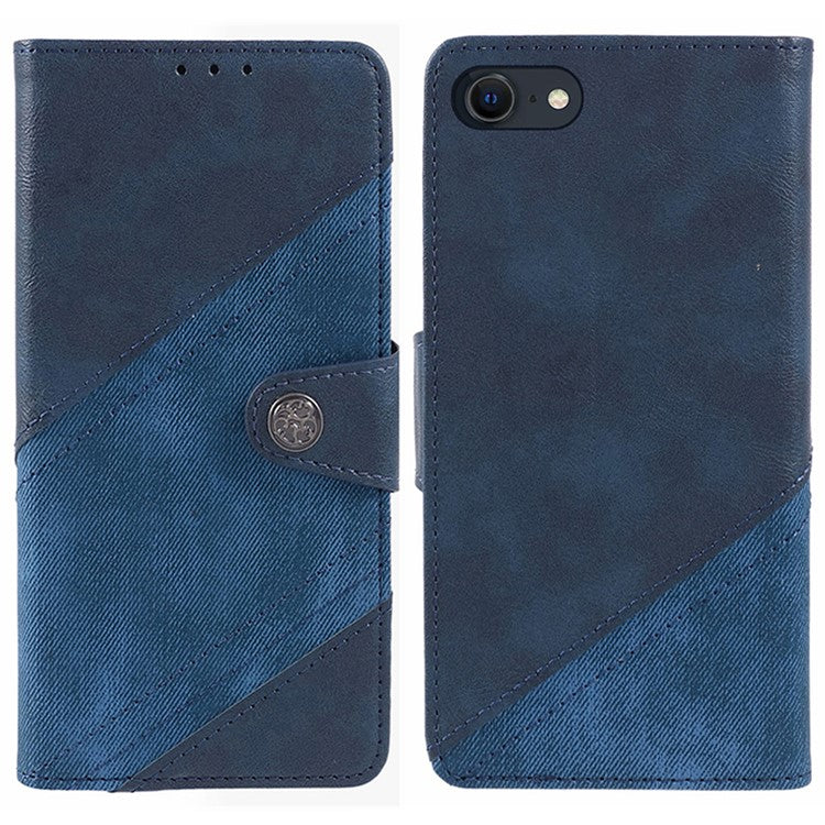 For iPhone 16e Case Splicing PU Leather Wallet Stand Phone Cover - Dark Blue