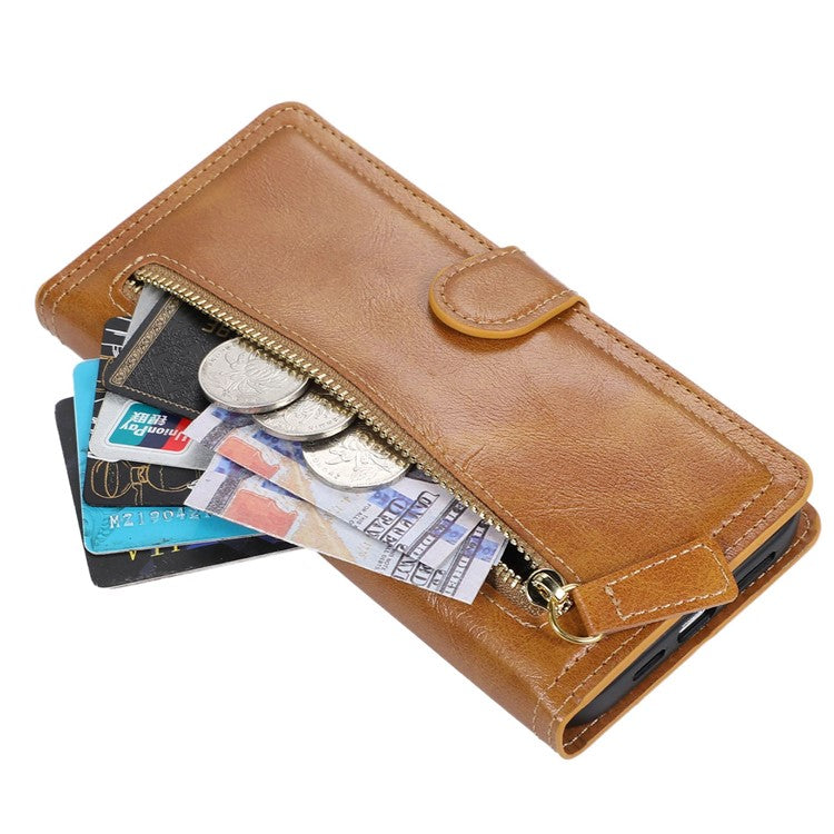 For Google Pixel 8 Pro Case Zipper Flip Leather Phone Cover Card Holder - Orange