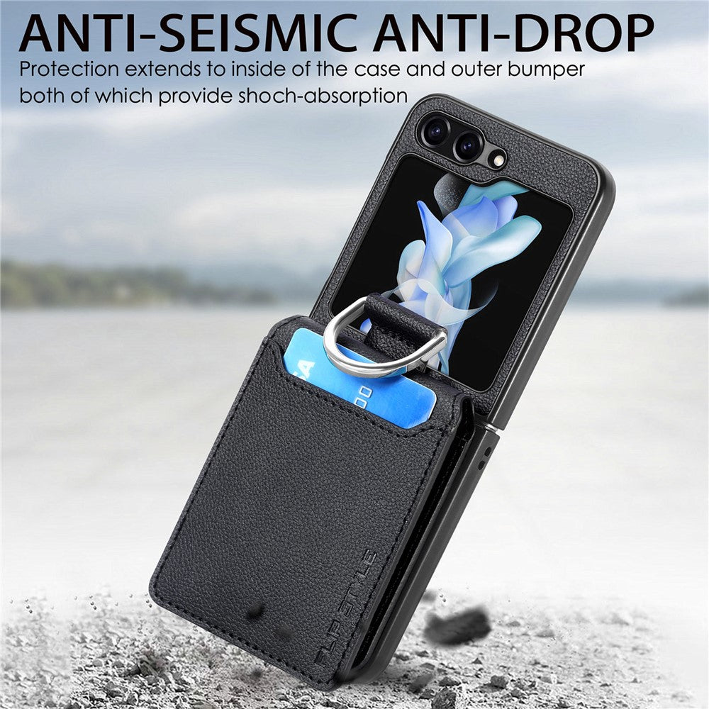 For Samsung Galaxy Z Flip7 FE 5G / Z Flip6 5G Phone Case Card Slot Kickstand PU+PC Cover with Finger Ring - Black