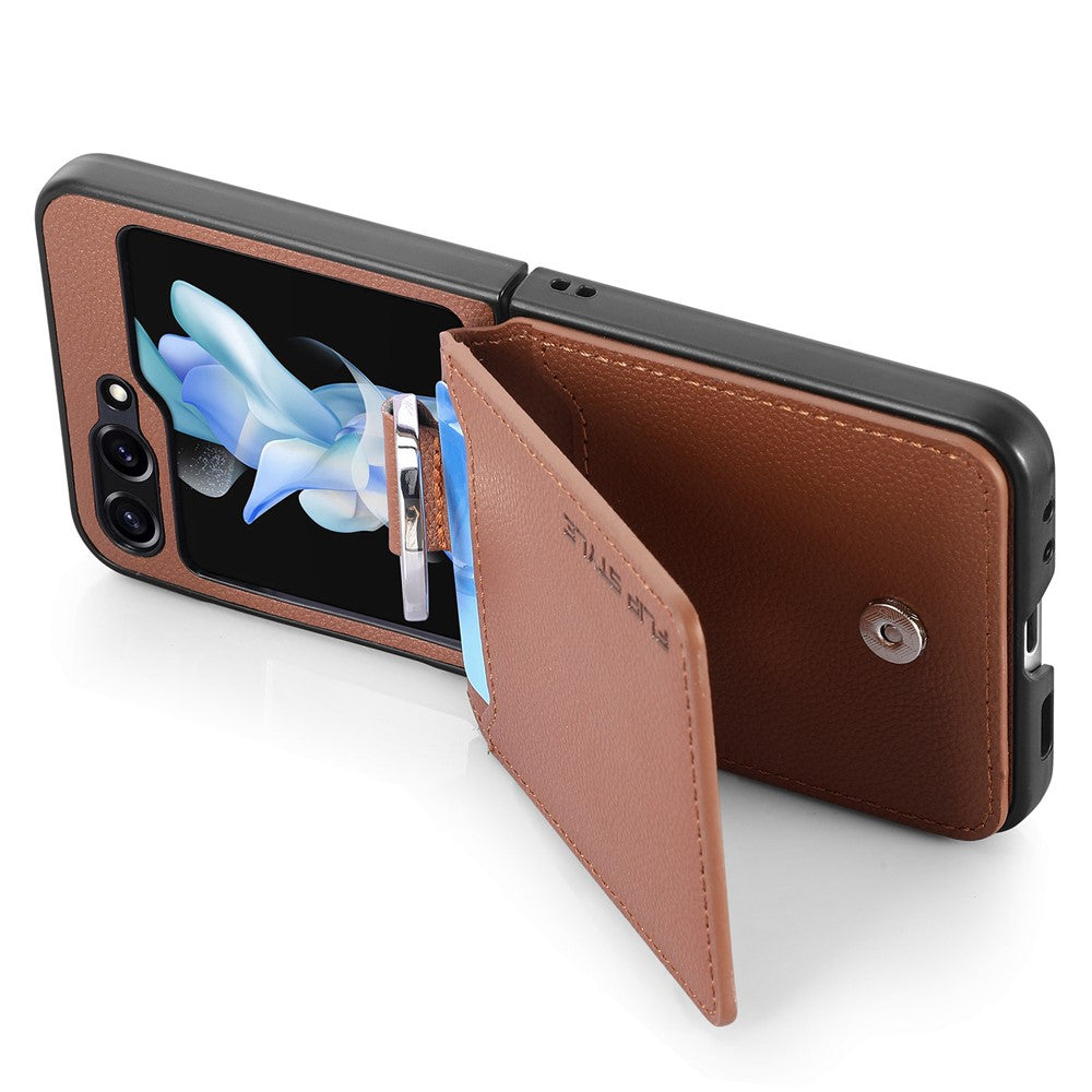 For Samsung Galaxy Z Flip7 FE 5G / Z Flip6 5G Phone Case Card Slot Kickstand PU+PC Cover with Finger Ring - Brown