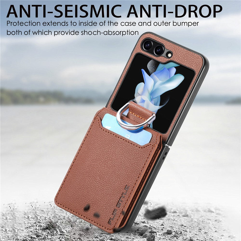 For Samsung Galaxy Z Flip7 FE 5G / Z Flip6 5G Phone Case Card Slot Kickstand PU+PC Cover with Finger Ring - Brown