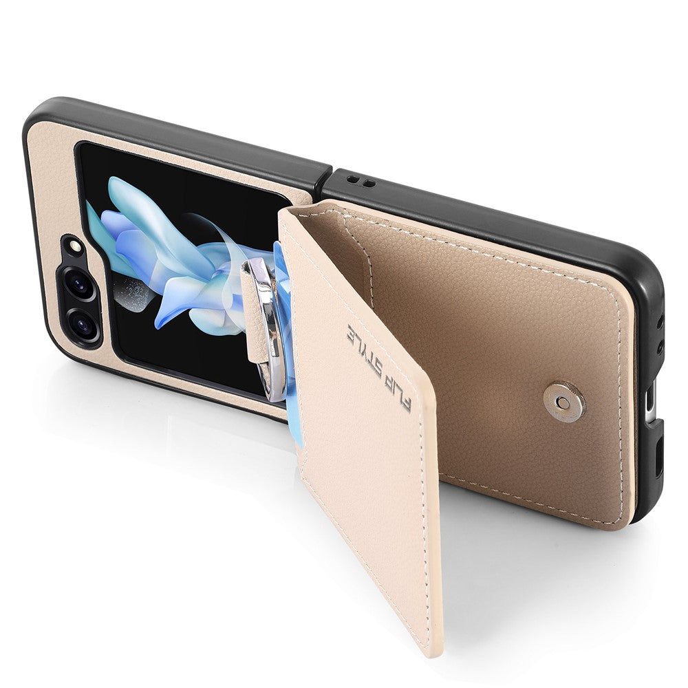 For Samsung Galaxy Z Flip7 FE 5G / Z Flip6 5G Phone Case Card Slot Kickstand PU+PC Cover with Finger Ring - Khaki
