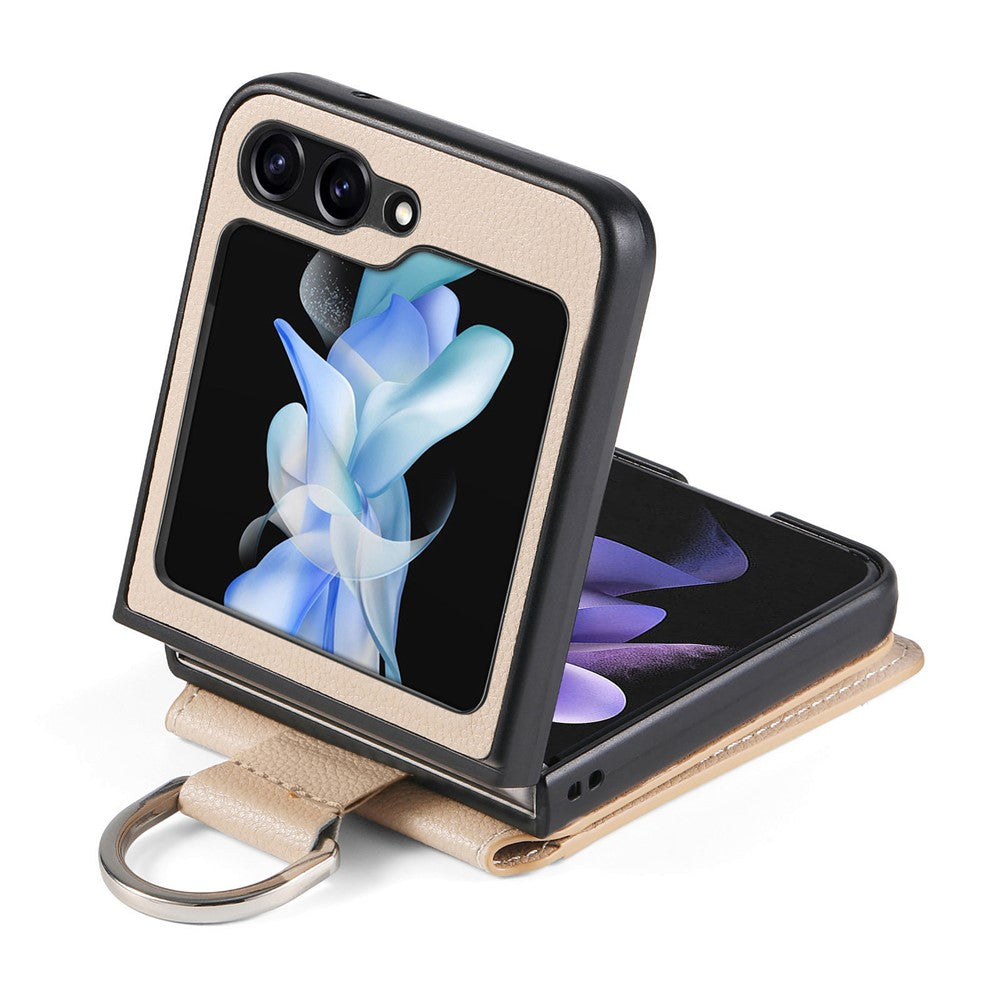 For Samsung Galaxy Z Flip7 FE 5G / Z Flip6 5G Phone Case Card Slot Kickstand PU+PC Cover with Finger Ring - Khaki