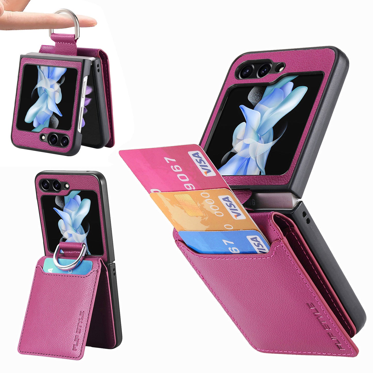 For Samsung Galaxy Z Flip6 5G Phone Case Card Slot Kickstand PU+PC Cover with Finger Ring - Purple