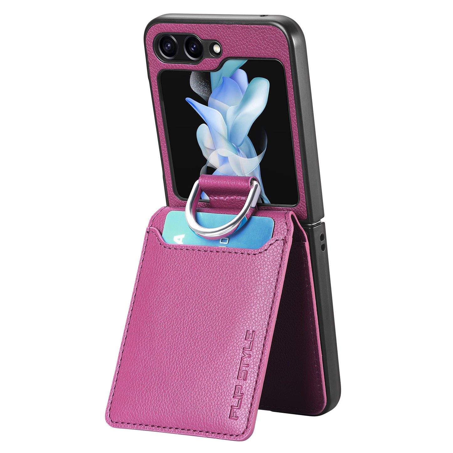 For Samsung Galaxy Z Flip6 5G Phone Case Card Slot Kickstand PU+PC Cover with Finger Ring - Purple