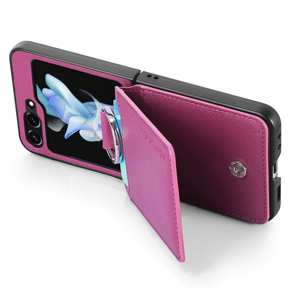 For Samsung Galaxy Z Flip7 FE 5G / Z Flip6 5G Phone Case Card Slot Kickstand PU+PC Cover with Finger Ring - Purple