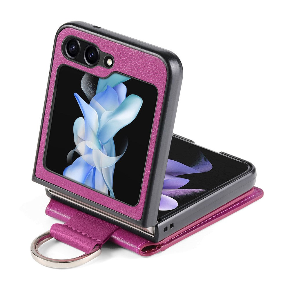 For Samsung Galaxy Z Flip7 FE 5G / Z Flip6 5G Phone Case Card Slot Kickstand PU+PC Cover with Finger Ring - Purple