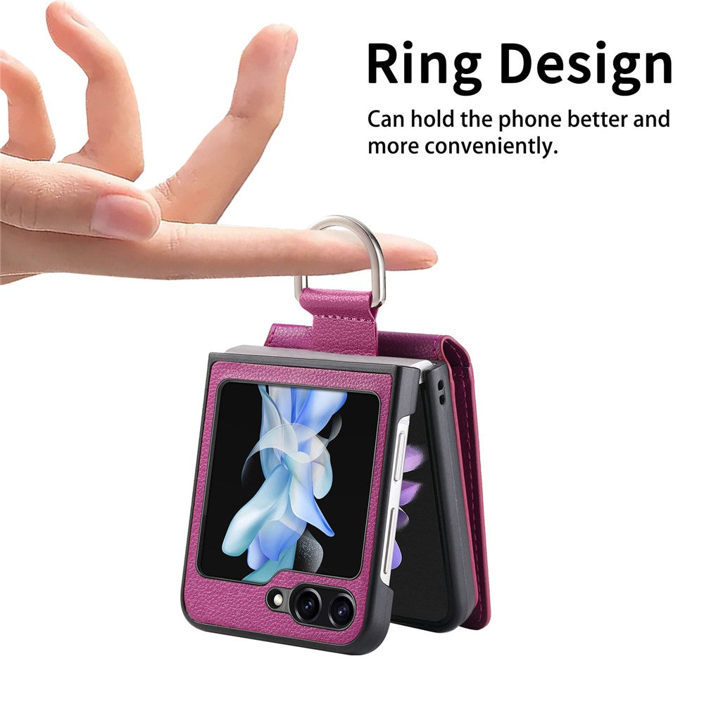For Samsung Galaxy Z Flip7 FE 5G / Z Flip6 5G Phone Case Card Slot Kickstand PU+PC Cover with Finger Ring - Purple