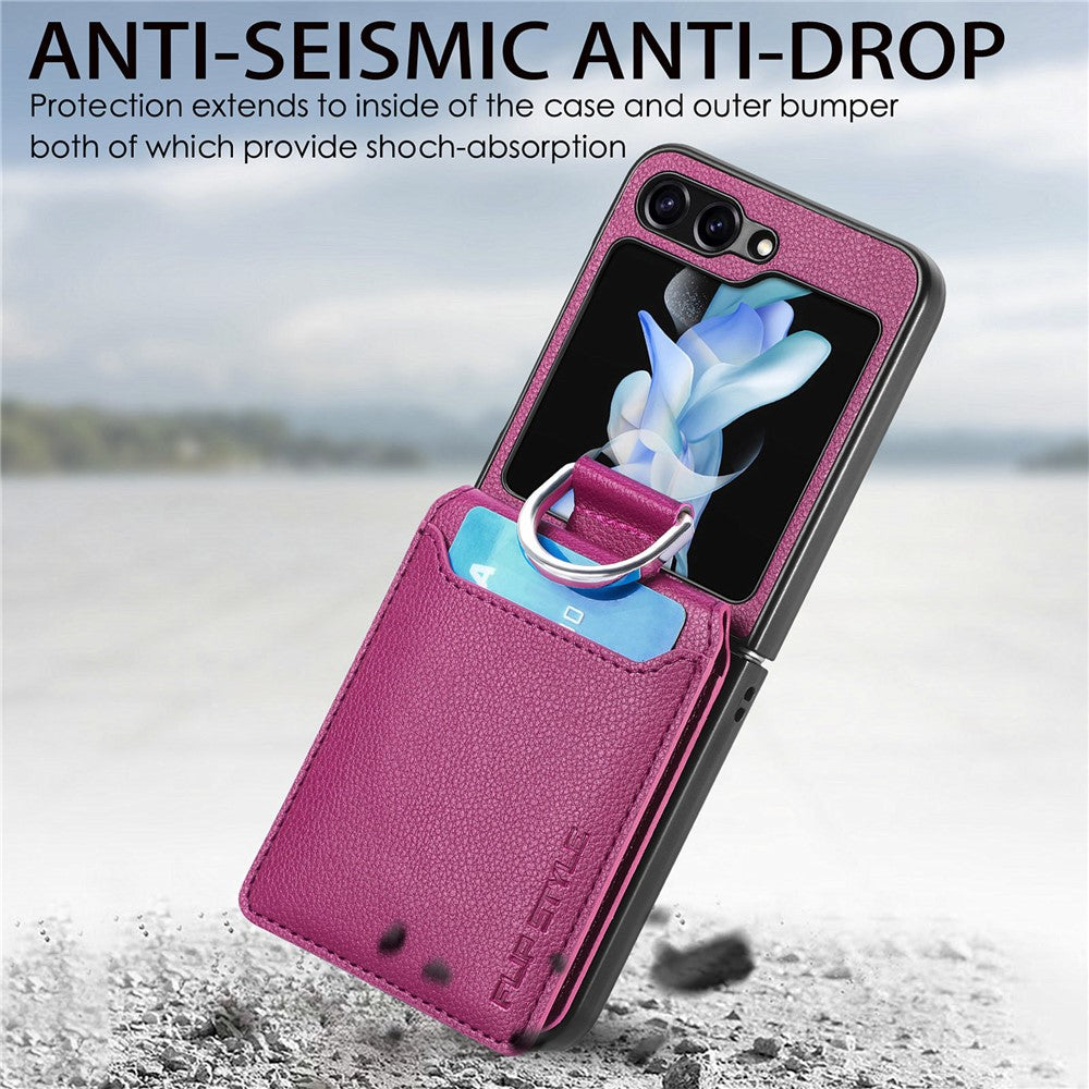 For Samsung Galaxy Z Flip7 FE 5G / Z Flip6 5G Phone Case Card Slot Kickstand PU+PC Cover with Finger Ring - Purple