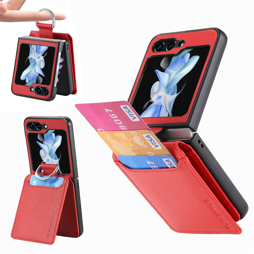 For Samsung Galaxy Z Flip7 FE 5G / Z Flip6 5G Phone Case Card Slot Kickstand PU+PC Cover with Finger Ring - Red