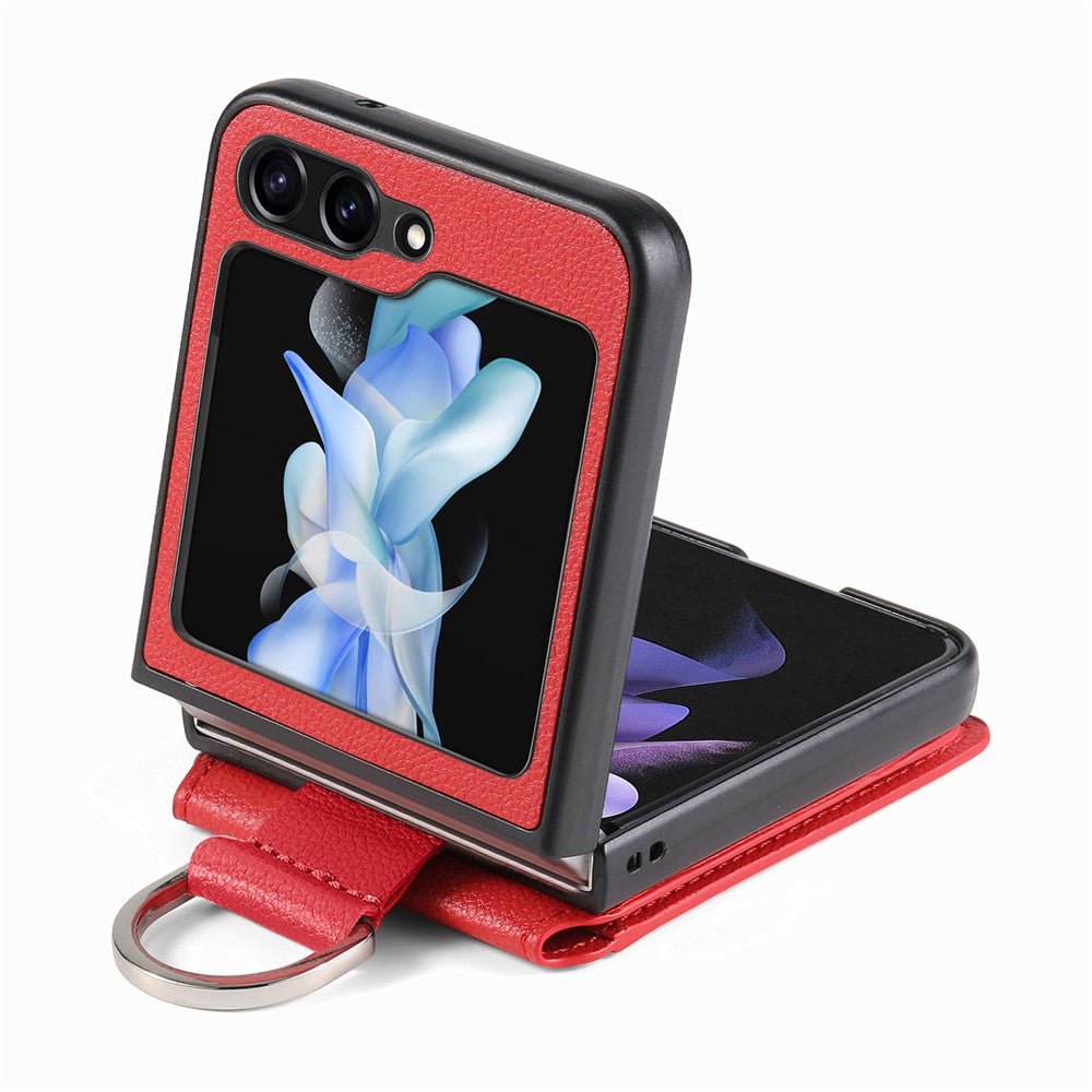 For Samsung Galaxy Z Flip7 FE 5G / Z Flip6 5G Phone Case Card Slot Kickstand PU+PC Cover with Finger Ring - Red