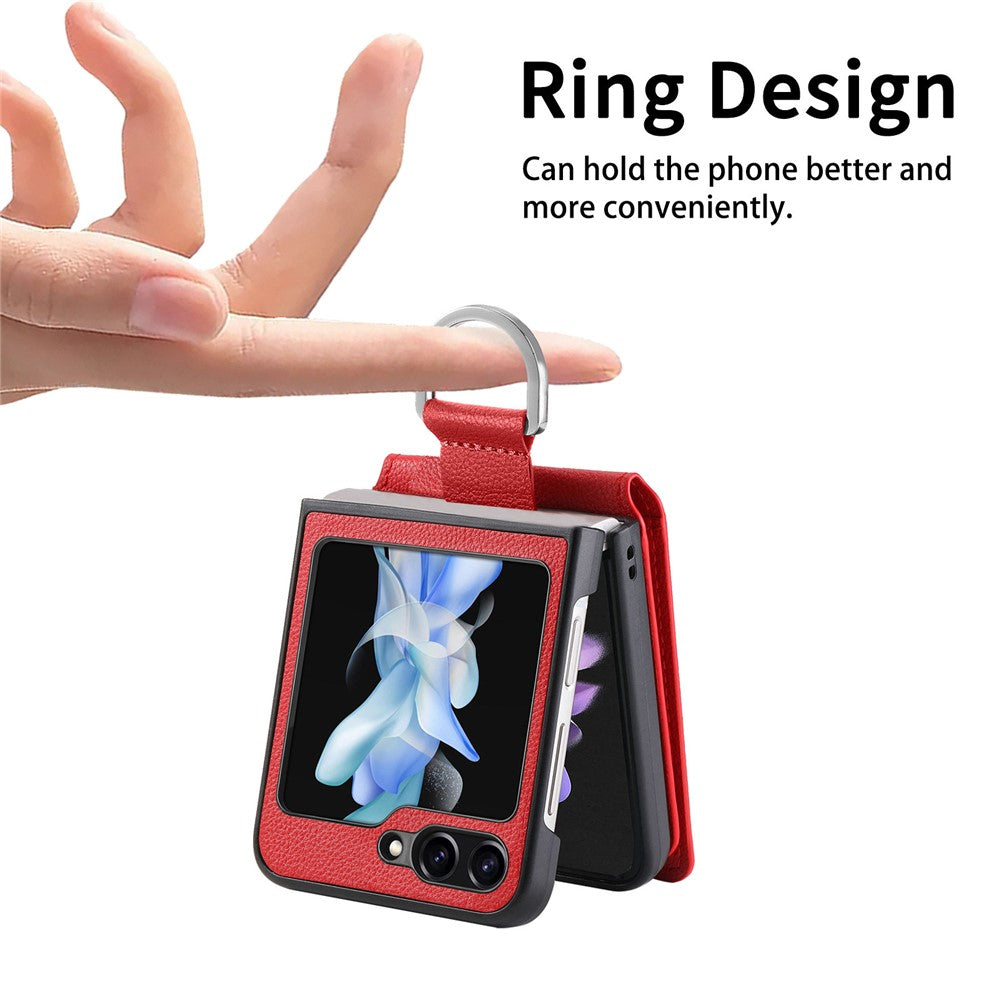 For Samsung Galaxy Z Flip7 FE 5G / Z Flip6 5G Phone Case Card Slot Kickstand PU+PC Cover with Finger Ring - Red