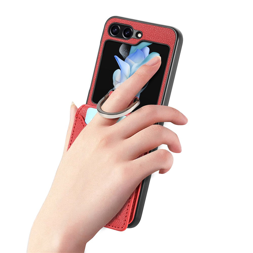 For Samsung Galaxy Z Flip7 FE 5G / Z Flip6 5G Phone Case Card Slot Kickstand PU+PC Cover with Finger Ring - Red