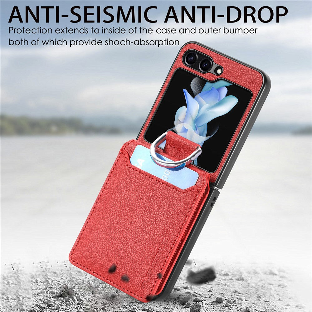 For Samsung Galaxy Z Flip7 FE 5G / Z Flip6 5G Phone Case Card Slot Kickstand PU+PC Cover with Finger Ring - Red