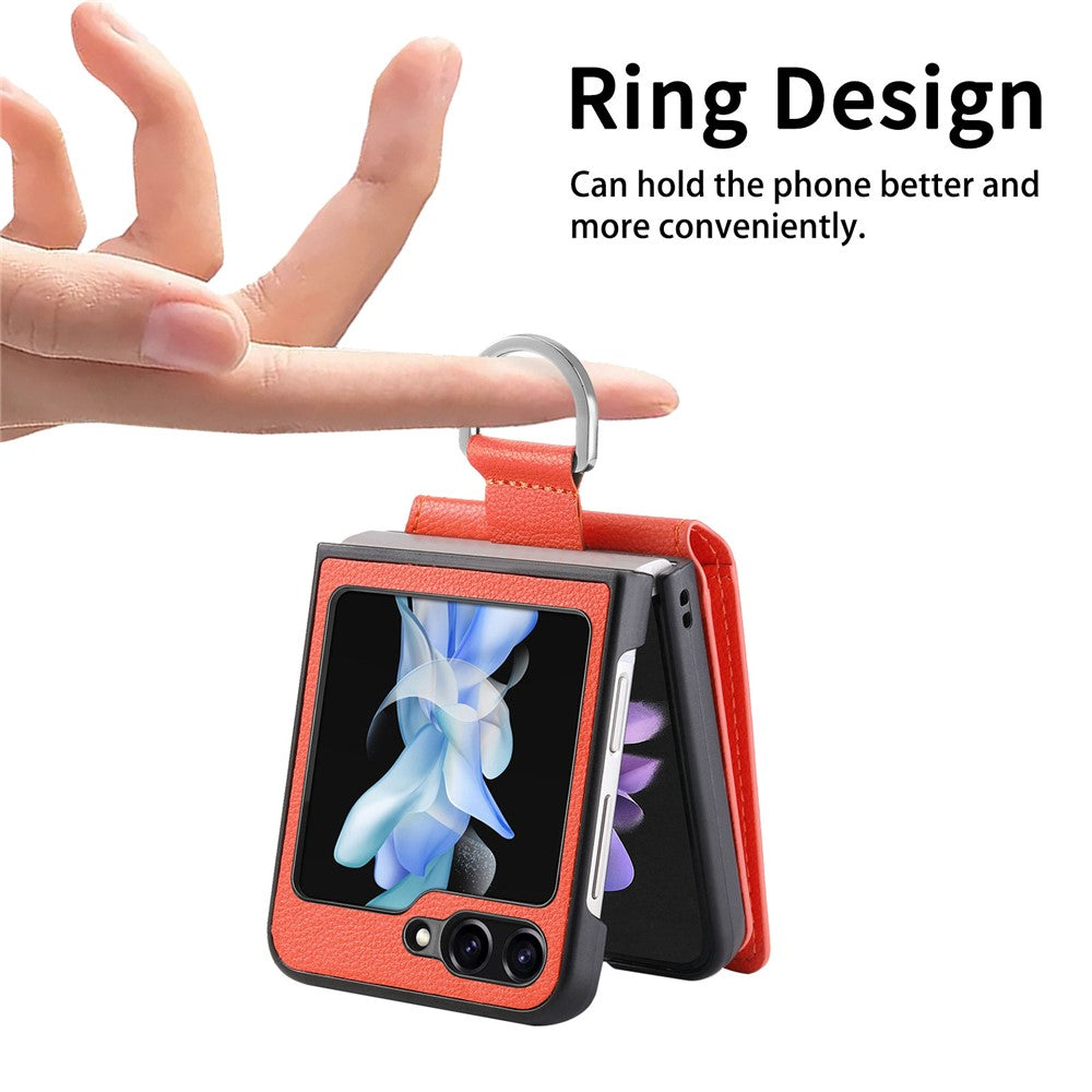 For Samsung Galaxy Z Flip7 FE 5G / Z Flip6 5G Phone Case Card Slot Kickstand PU+PC Cover with Finger Ring - Orange