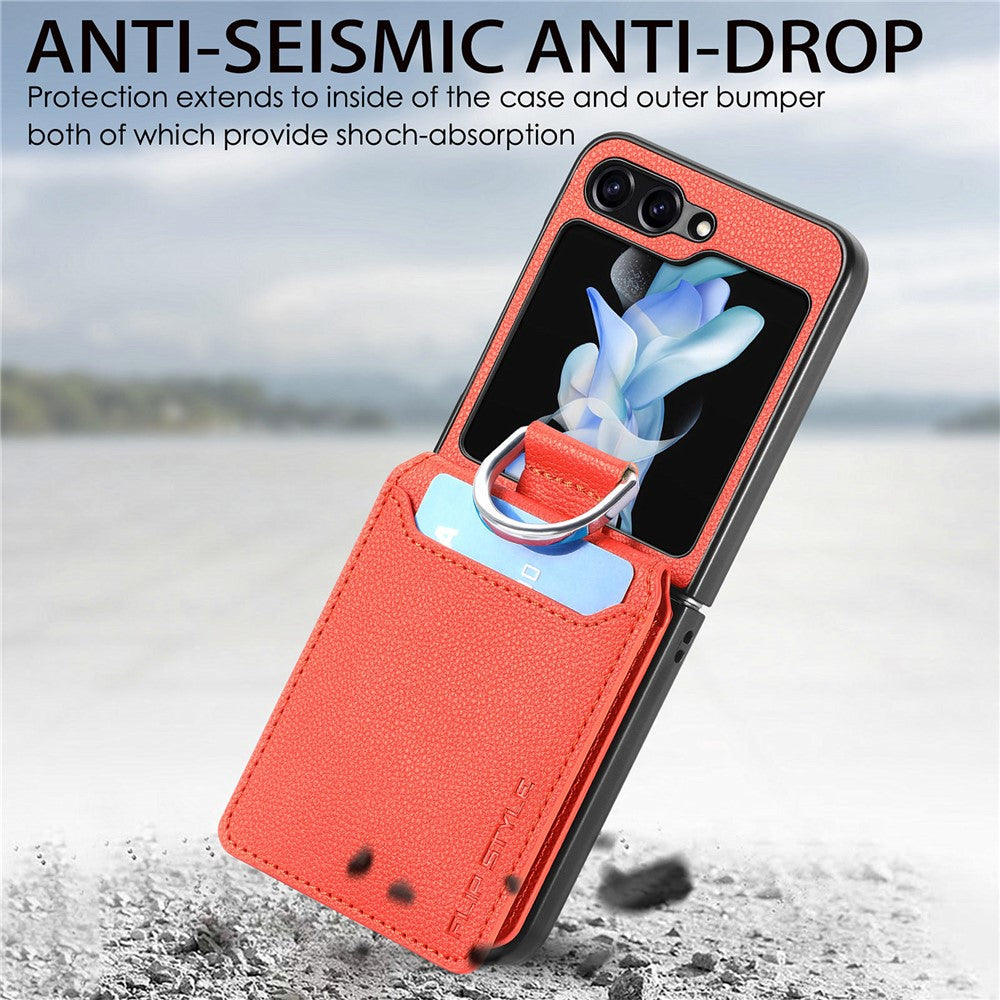 For Samsung Galaxy Z Flip7 FE 5G / Z Flip6 5G Phone Case Card Slot Kickstand PU+PC Cover with Finger Ring - Orange