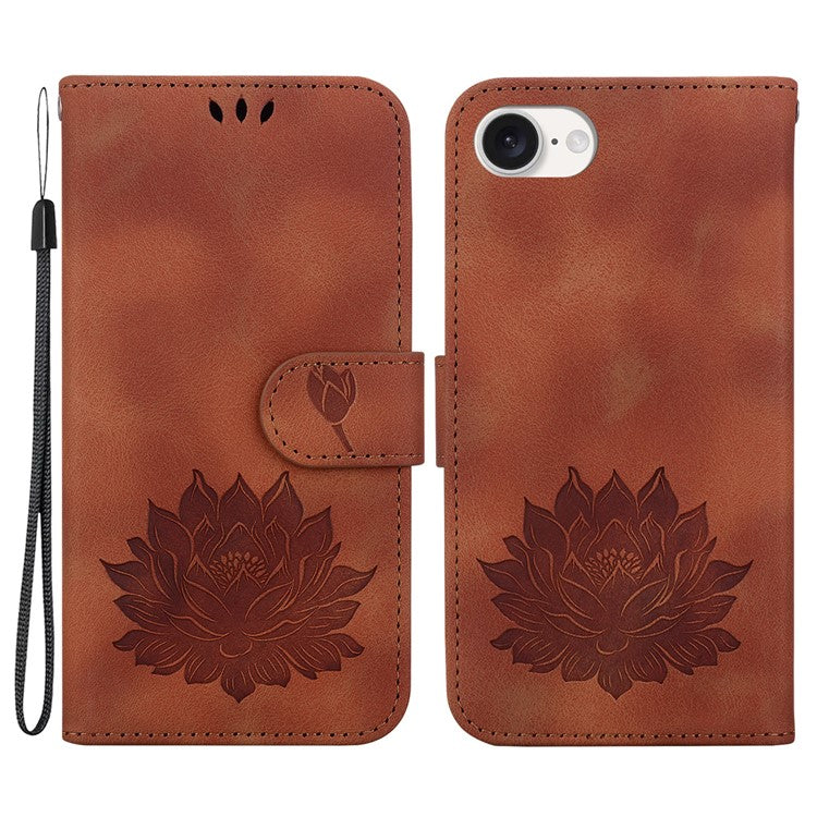 For iPhone 16e Case PU Leather Lotus Imprinted Phone Cover with Strap - Brown