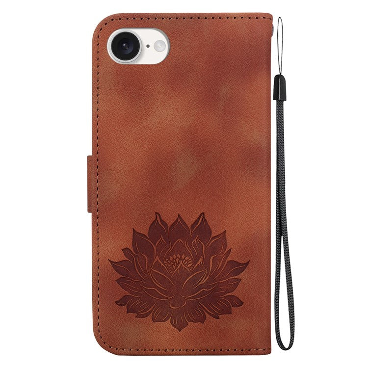 For iPhone 16e Case PU Leather Lotus Imprinted Phone Cover with Strap - Brown