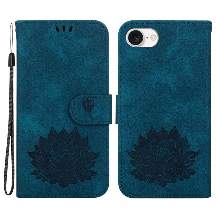 For iPhone 16e Case PU Leather Lotus Imprinted Phone Cover with Strap - Blue