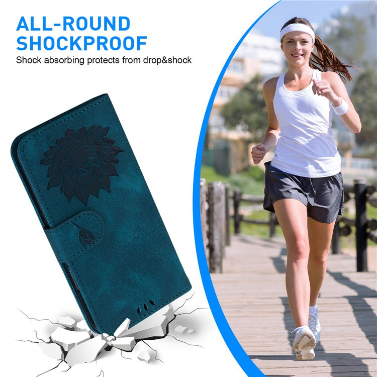 For iPhone 16e Case PU Leather Lotus Imprinted Phone Cover with Strap - Blue