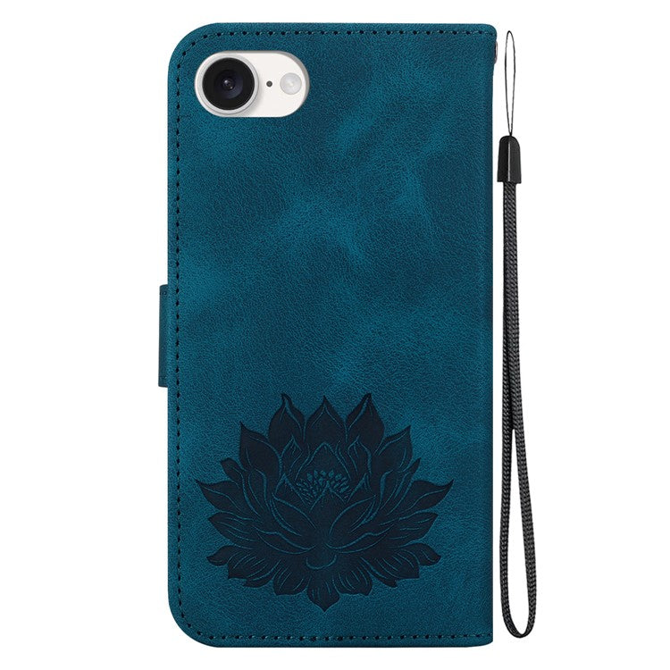 For iPhone 16e Case PU Leather Lotus Imprinted Phone Cover with Strap - Blue