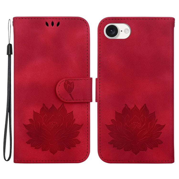 For iPhone 16e Case PU Leather Lotus Imprinted Phone Cover with Strap - Red