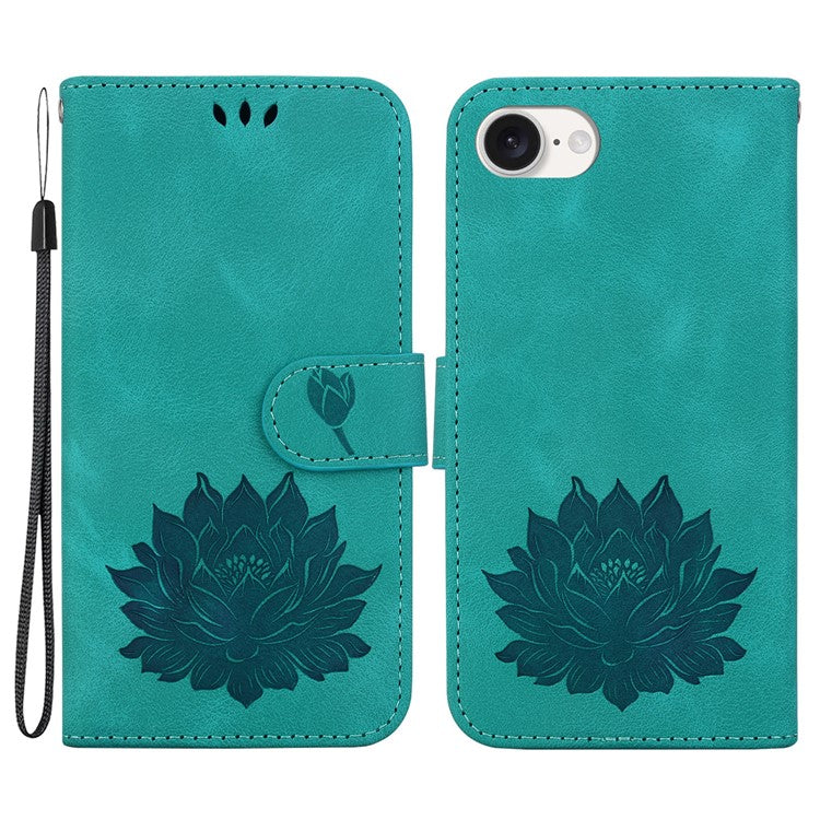For iPhone 16e Case PU Leather Lotus Imprinted Phone Cover with Strap - Green