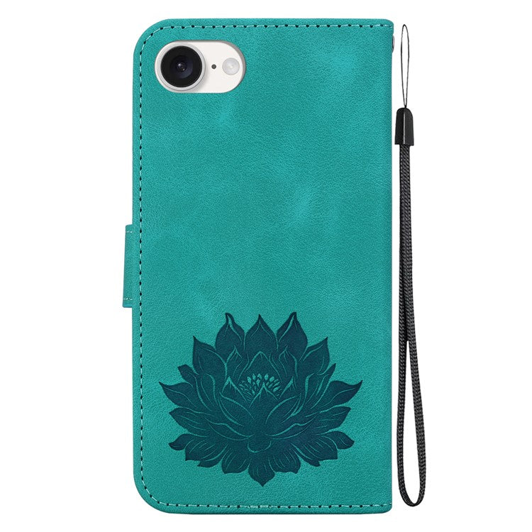 For iPhone 16e Case PU Leather Lotus Imprinted Phone Cover with Strap - Green