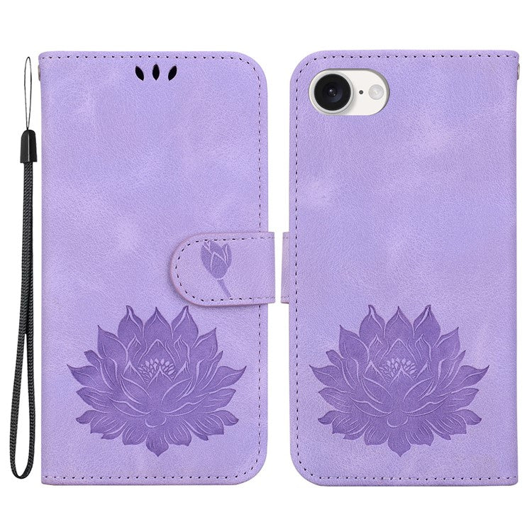 For iPhone 16e Case PU Leather Lotus Imprinted Phone Cover with Strap - Purple