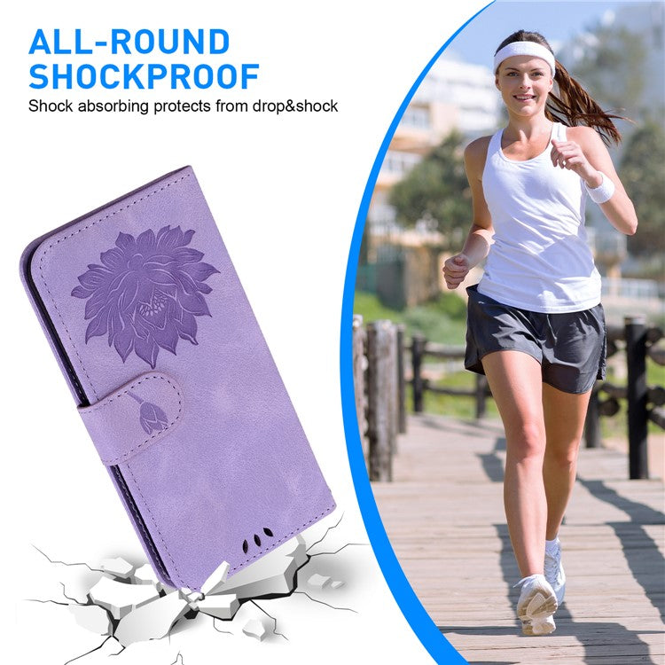 For iPhone 16e Case PU Leather Lotus Imprinted Phone Cover with Strap - Purple